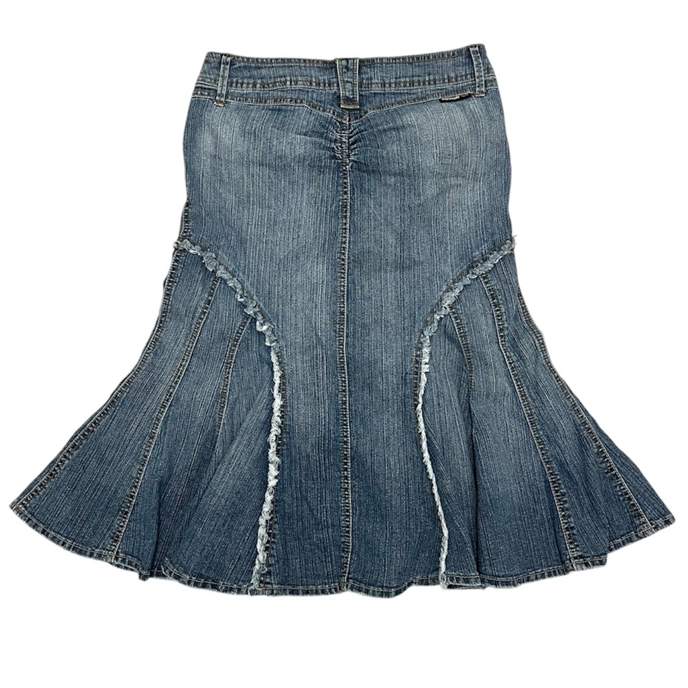 VTG Y2K Rewind Pleated Mermaid silhouette Medium Wash Denim Midi Skirt Size 3